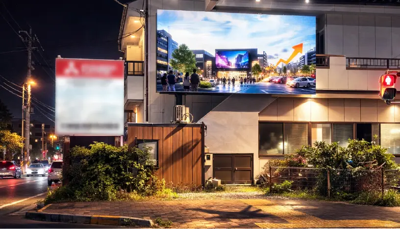 商業施設の入り口付近に設置された屋外用サイネージキオスクモデル。イベント告知での活用事例