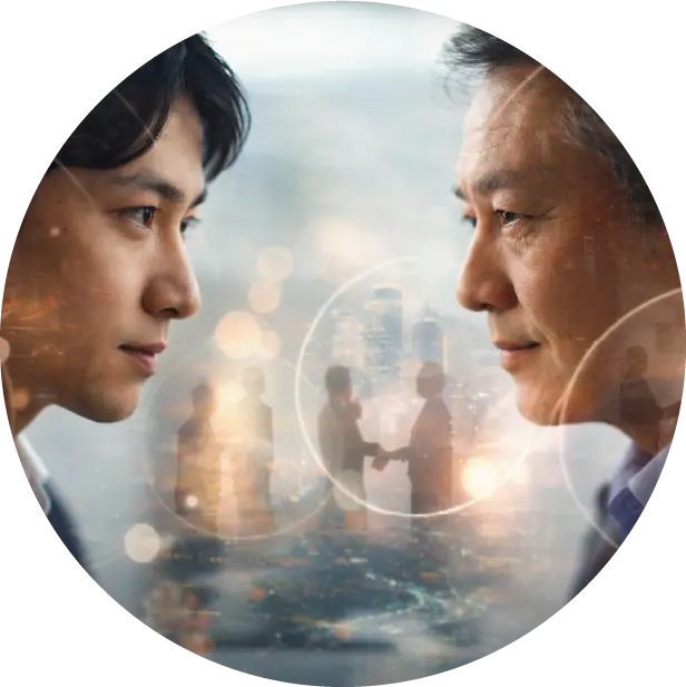 人と深く向き合い理解するイメージ。二人の男性の横顔とビジネスシーンが重なる多重露出写真。表面的な情報だけでなく価値観や背景まで見に行く姿勢を表現